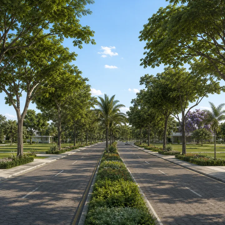 Prestige Meesaganahalli tree-canopied garden avenue