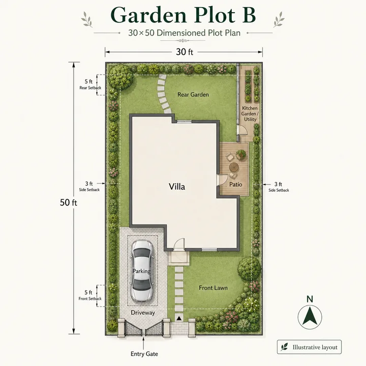Prestige Meesaganahalli Garden Plot B — 1,500 sq.ft. (30×50) plot plan layout